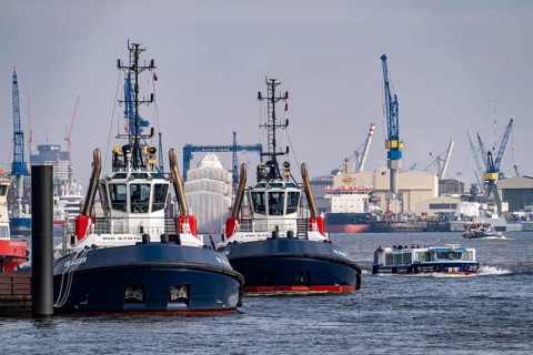Harbour tug VB Bison, Bear on the Elbe, Hamburg, Germany, Europe