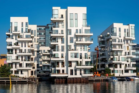 Residential buildings, apartment buildings, condominiums, at the harbour, Havneholmen, near