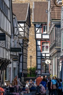 The old town of Hattingen, half-timbered houses, gastronomy in the street Kirchplatz, Protestant