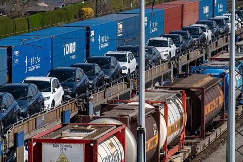 Duisburg-Rheinhausen freight station, at the Logport harbour area, goods trains loaded with new