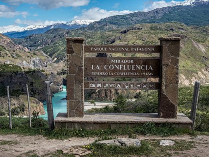 Confluence of river Rio Baker and Rio Chacabuco, information board at viewpoint, Patagonia, Chile,