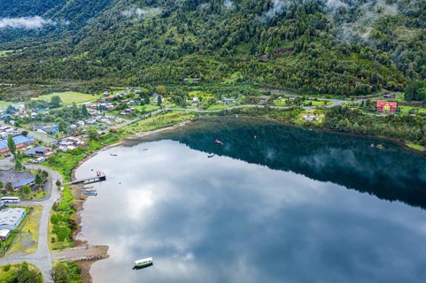 Top-down shot of center of village Puyuhuapi, Patagonia, Chile, South America