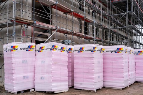 New construction, shell construction, thermal insulation, material waiting to be installed on the