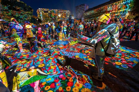 Essen Light Festival, in the city centre, light art on Kennedyplatz, the Berlin artist Daniel