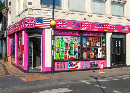 Candy Corners convenience store shop, Dogs Head Street, town centre of Ipswich, Suffolk, England,