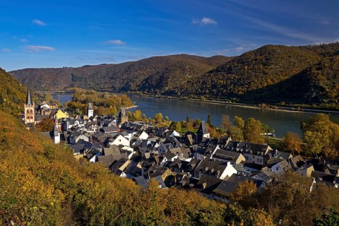 View of Bacharach on the Rhine in autumn from the long-distance hiking trail RheinBurgenWeg, UNESCO