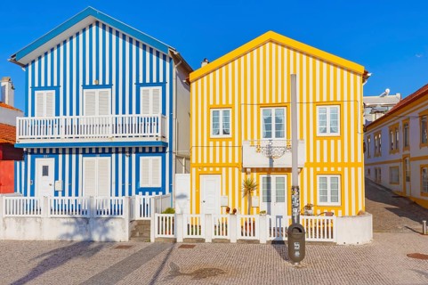 Traditional wooden striped houses, Costa Nova do Prado, Aveiro, Portugal, Europe