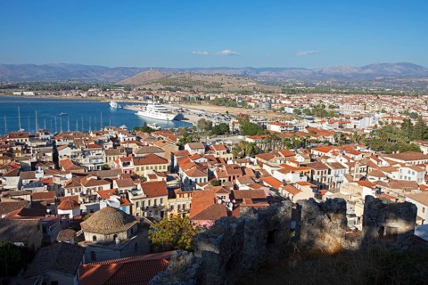 View of the rooftops and harbour of Nafplio and the Argolic Gulf, Argolis, Peloponnese, Greece,
