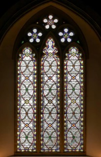 Stained glass window of Grisaille geometric patterns by William Wailes 1849, Church of Saint Mary,