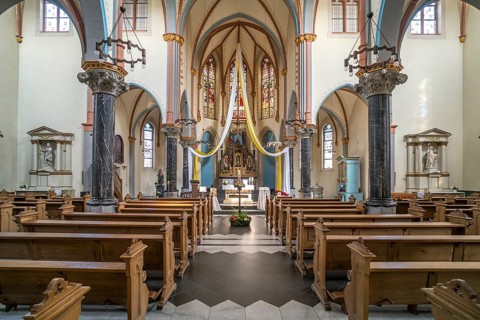 Interior of the Roman Catholic parish church of St Martinus, town of Zons, Dormagen, Lower Rhine,