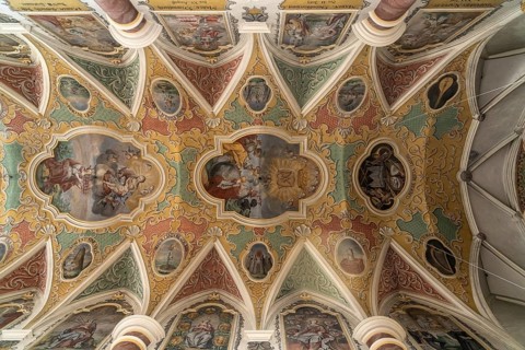 Painted ceiling of the Church of Our Lady in moated castle am Inn, Bavaria, Germany, Europe