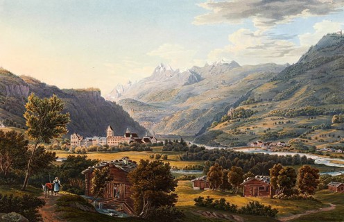 View of Ilanz, the first town on the banks of the Rhine, Graubünden, Switzerland, view from around