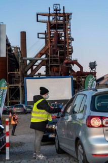 Drive-in cinema Dortmund, against the backdrop of the former blast furnace plant Phönix-West in