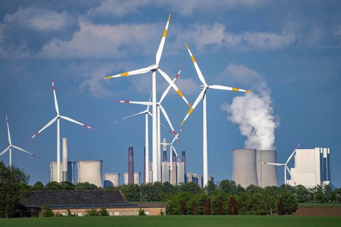 Neurath lignite-fired power station, RWE Power AG, wind farm partly owned by RWE, Grevenbroich,