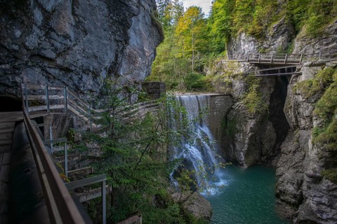 Rappenloch Gorge natural monument, Dornbirner Ach, Dornbirn, waterfall, wooden footbridges,