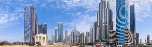 UAE, Dubai downtown financial skyline and business shopping center near Dubai Mall