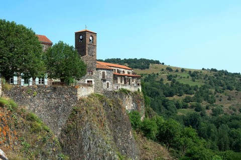 Chilhac village overlooking on a sunny day the Haut-Allier valley in Haute-Loire,