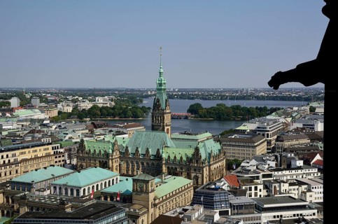 Europe, Germany, Hamburg, City, View from above of City Hall, Inner and Outer Alster Lake, Hamburg,