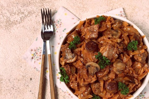Bigos, bigus is a national Polish dish, made of cabbage and meat, stewed, homemade, no people