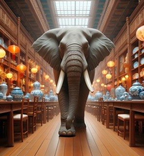 The elephant in the china shop, an elephant in a shop with porcelain and ceramics, AI generated, AI