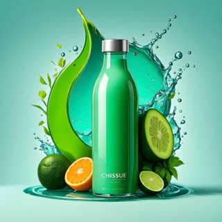 Abstract wallpaper composition with bottle of delicious green detox juice and fruits and