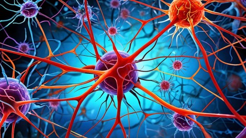 Abstract microscopic view on nerve cells intermingled with cancer cell, AI generated