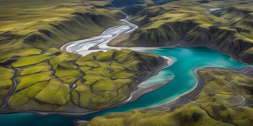 Aerial view perpendicular top down of an abstract colorful river along the coastline, AI generated