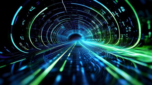 Digital data tunnel streaming with cascading binary code, AI generated