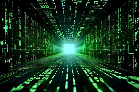 Digital data tunnel streaming with cascading binary code, AI generated
