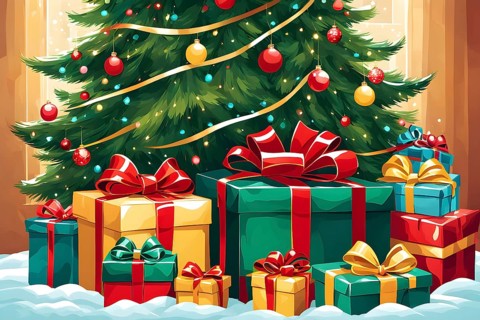 Abstract illustration of wrapped Christmas gifts, shiny ribbons and bows, stacked under a evergreen