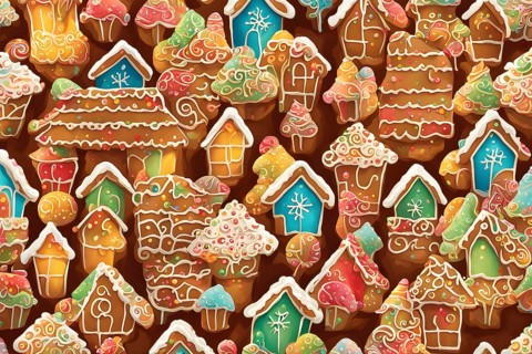 Abstract wallpaper illustration of of gingerbread house decoration, AI generated