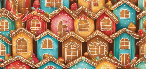 Abstract wallpaper illustration of of gingerbread house decoration, AI generated
