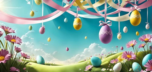 Surreal Easter scene with floating eggs, ribbons, and flowers in a dreamlike, whimsical composition