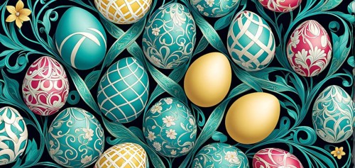 A whimsical abstract pattern with intertwined ribbons, eggs, and floral motifs, with a mix of sharp