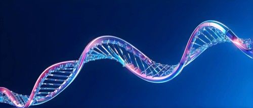 DNA double helix structure against gradient blue background, AI generated