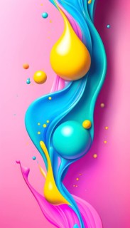 Abstract image with colorful yellow and turquoise blobs and liquid shapes on a pink background, AI
