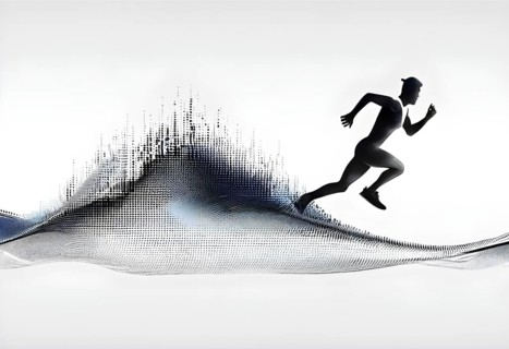 Wave of data points shaping into a runners silhouette, abstract illustration in black and white,