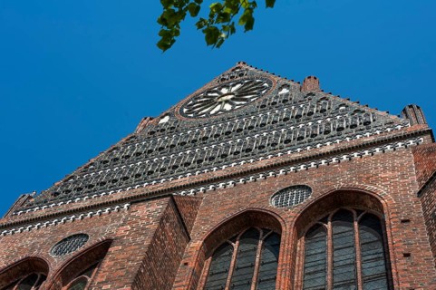 Side gable with glazed bricks, St Nicholas' Church, late Gothic brick building, built between 1381