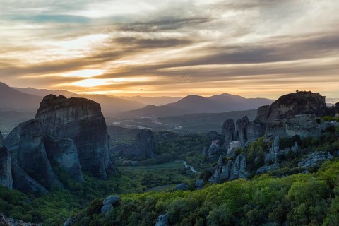 Sandstone formations at sunset, backlight, Meteora, Thessaly, Greece, Europe