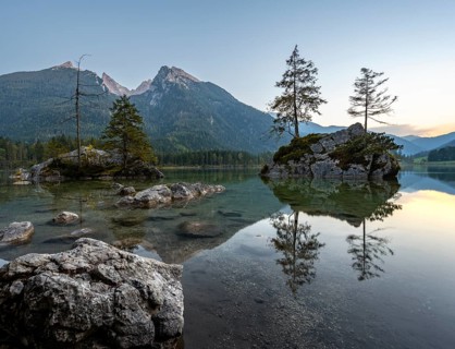Hochkalter reflected in Hintersee, at sunset, Berchtesgaden National Park, Ramsau, Upper Bavaria,