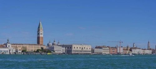 St Mark's Square tower and Palazzo Ducale seen from the vaporetto, Venice, Metropolitan City of