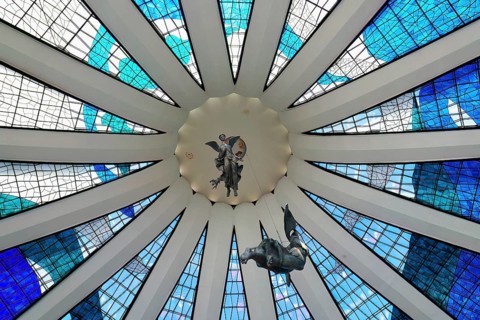 Angels hanging from the stained-glass ceiling, Roman Cathedral of Brasilia or Metropolitan