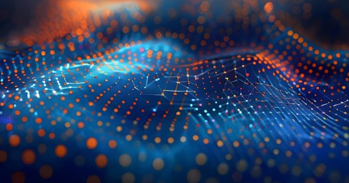 Symbol for artificial intelligence, lines, dots and pattern, vibrant blue and orange hues, abstract