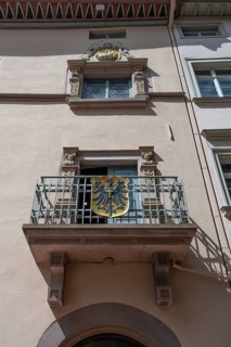 Balcony and window of the old, late Gothic town hall, Rottweil, Baden-Württemberg, Germany, Europe