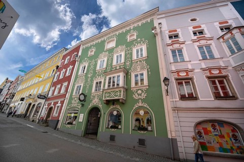 Historic house facades, Lower Town Square, Schärding, Lower Austria, Austria, Europe