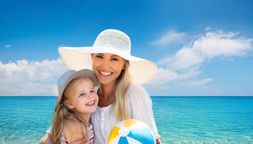 An attractive young woman with her daughter on the beach in the Caribbean, Studio