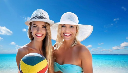 Two young woman in sun hats playing with a beach ball on the beach in the Caribbean