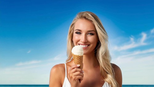 A blonde woman enjoys eating an ice cream in a cone