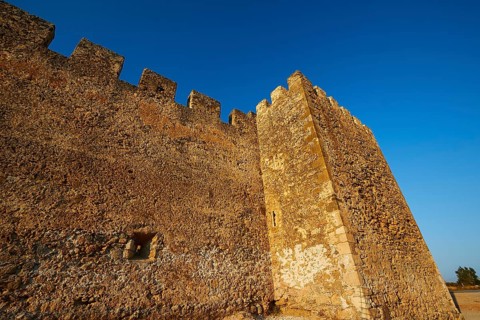 Evening light, super wide angle, tower, walls, battlements, Frangokastello, Venetian fortress,
