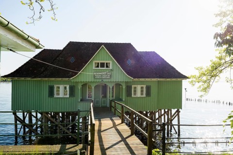 Aeschacher Bad, bathhouse, historic pile dwelling, Lindau, Lake Constance, Bavaria, Germany, Europe